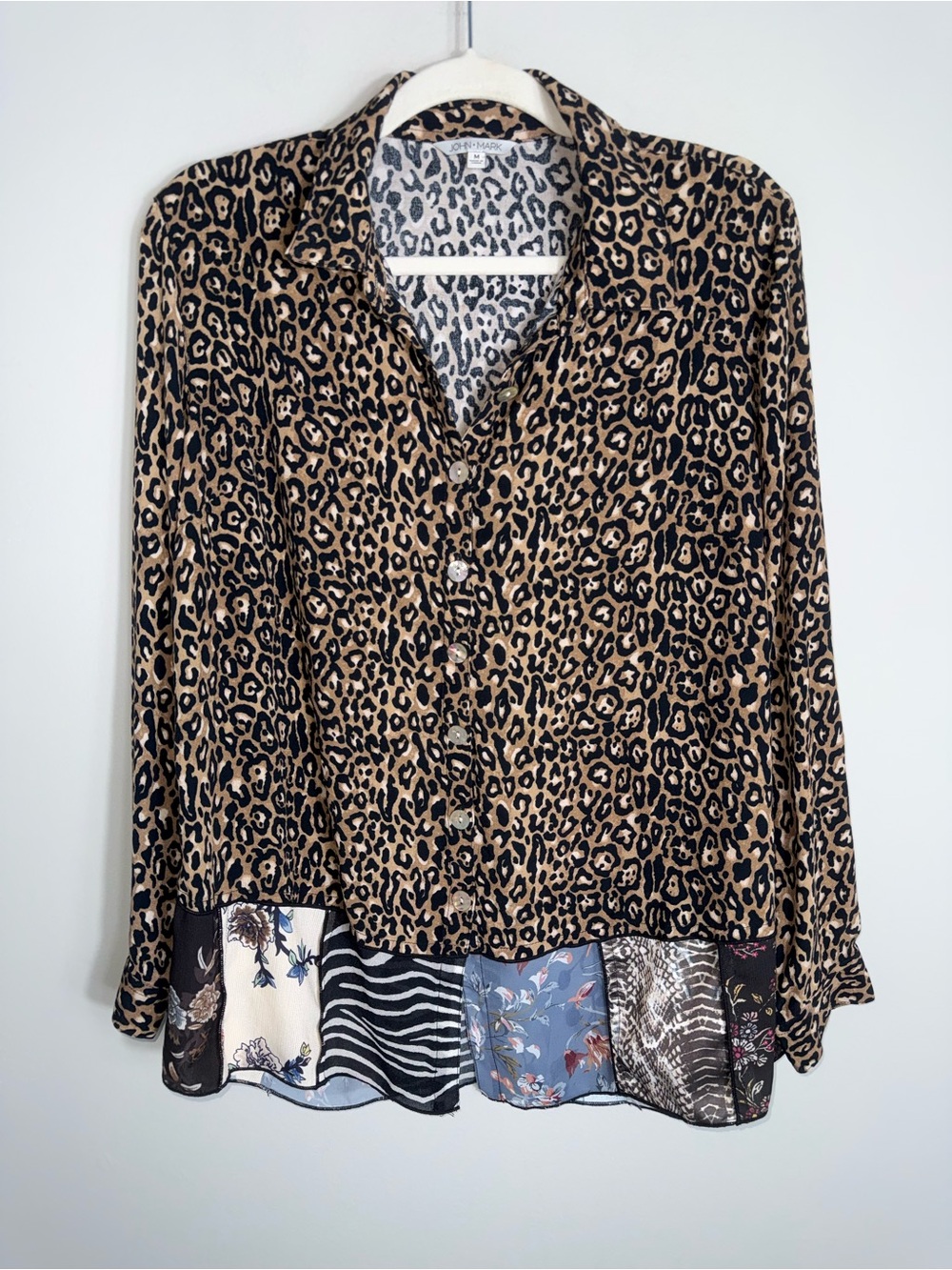 John Mark Button Front Tunic Blouse-Animal Print Patchwork-Art to Wear-Medium